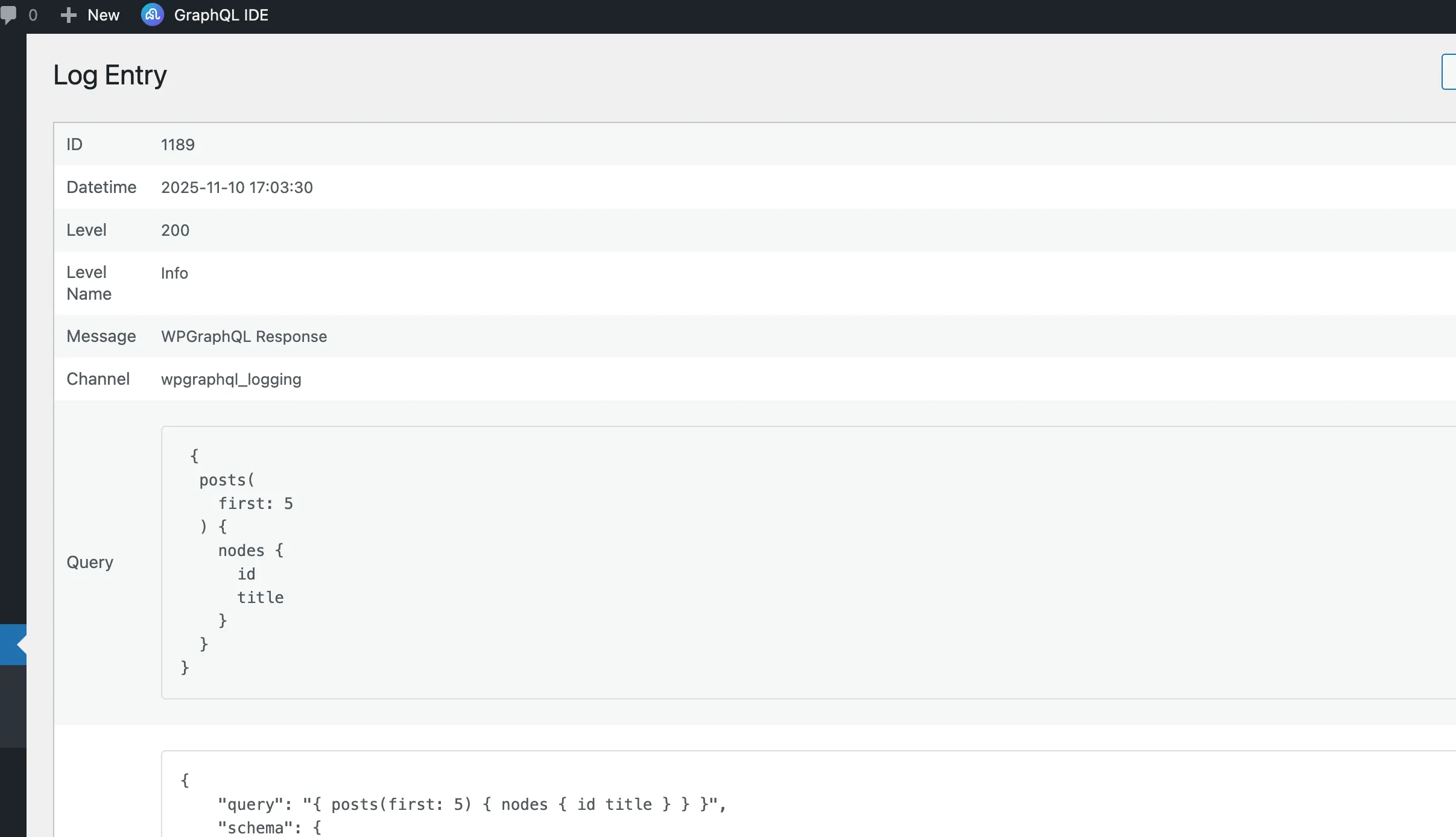 Admin interface showing logged queries