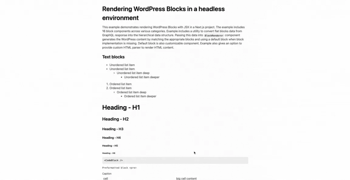 Animated screenshot, scrolling down and revealing the blocks supported by this example rendered on the page.